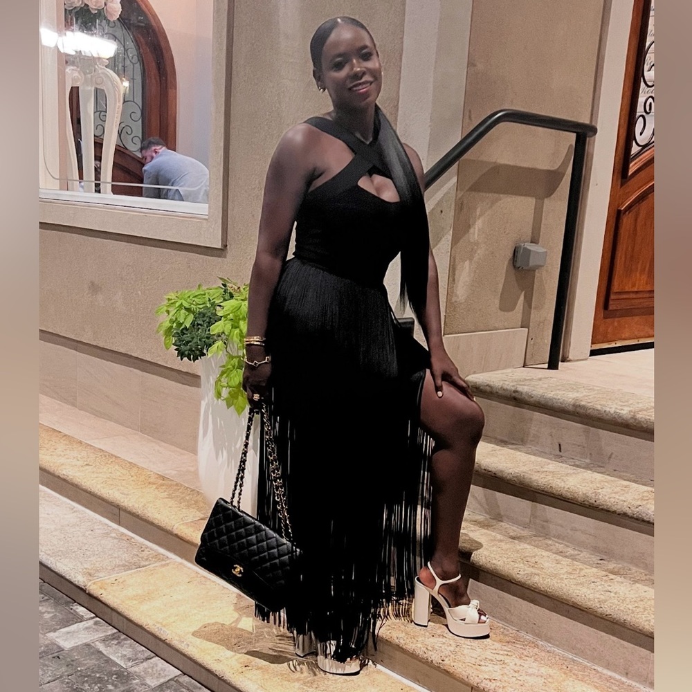 Herve Leger Black Fringe Dress with White Heels - Picture 2 of 6